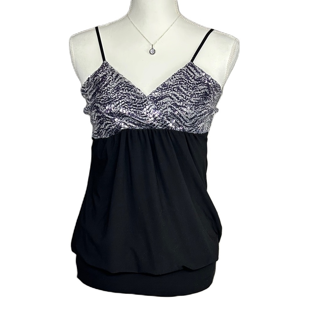 Vtg Wet Seal Y2k Baby Doll Tank Top Womens L Sequins Glam Whimsigoth Black USA